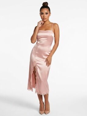 NWT Stevie By Steve Madden Blush Pink Satin Midi Skirt & Slit Lace Trim Sz XL